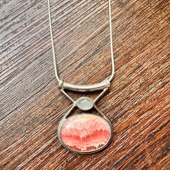 Sterling Silver Sajen Rhodochrosite Moonstone Slide Pendant Snake Chain Necklace - Picture 10 of 16